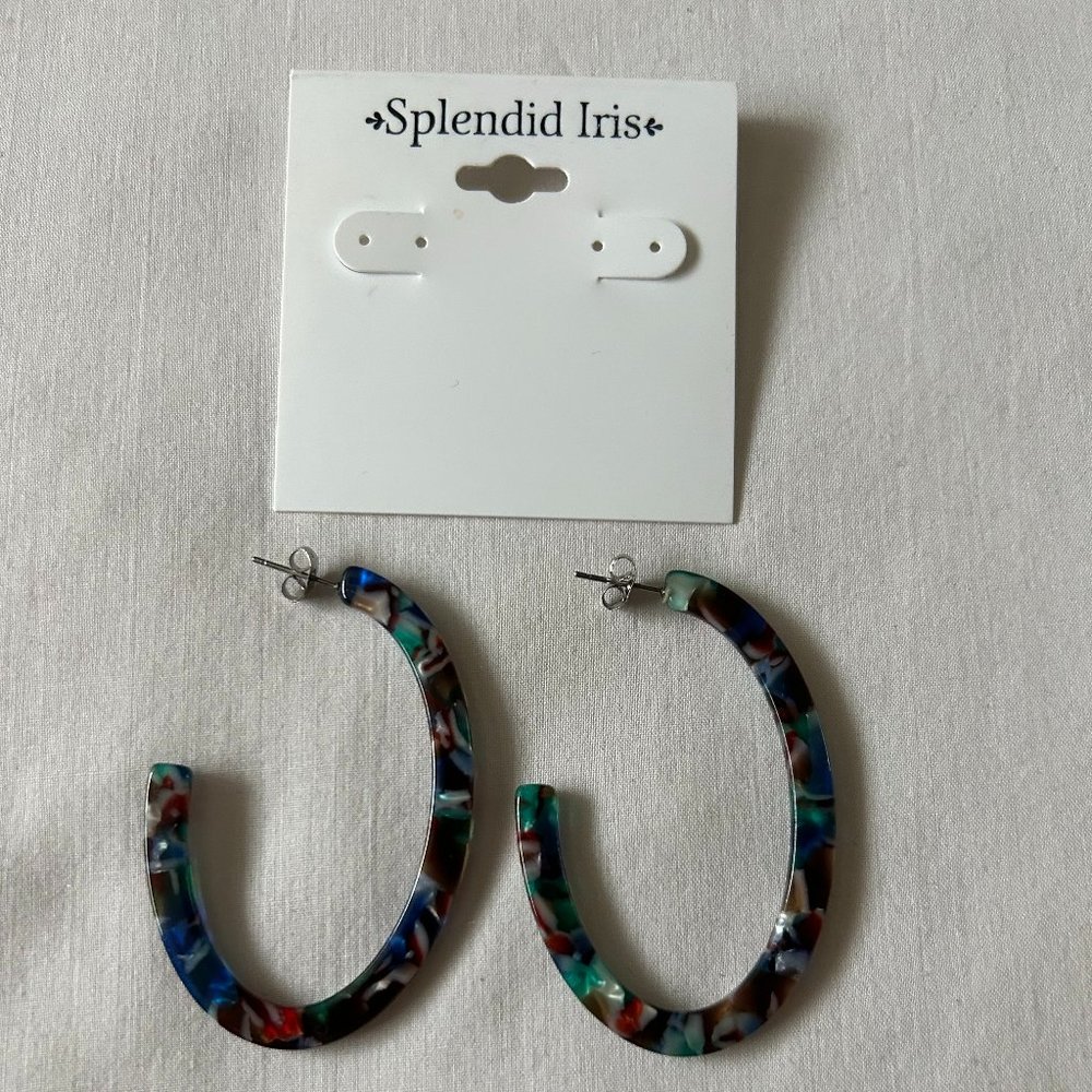 Splendid Iris Multi-Color Resin Open J-Hoop Silvertone Post Earrings New